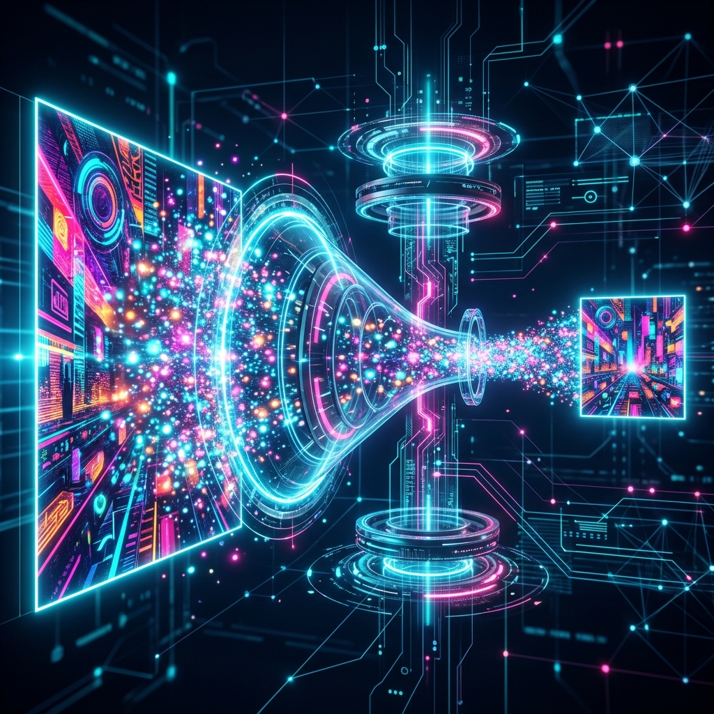 Futuristic 3D visualization of image data compression funnel