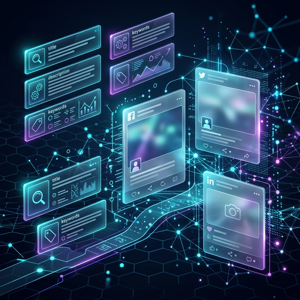 SEO Meta Tags floating as glowing UI cards in cyberspace