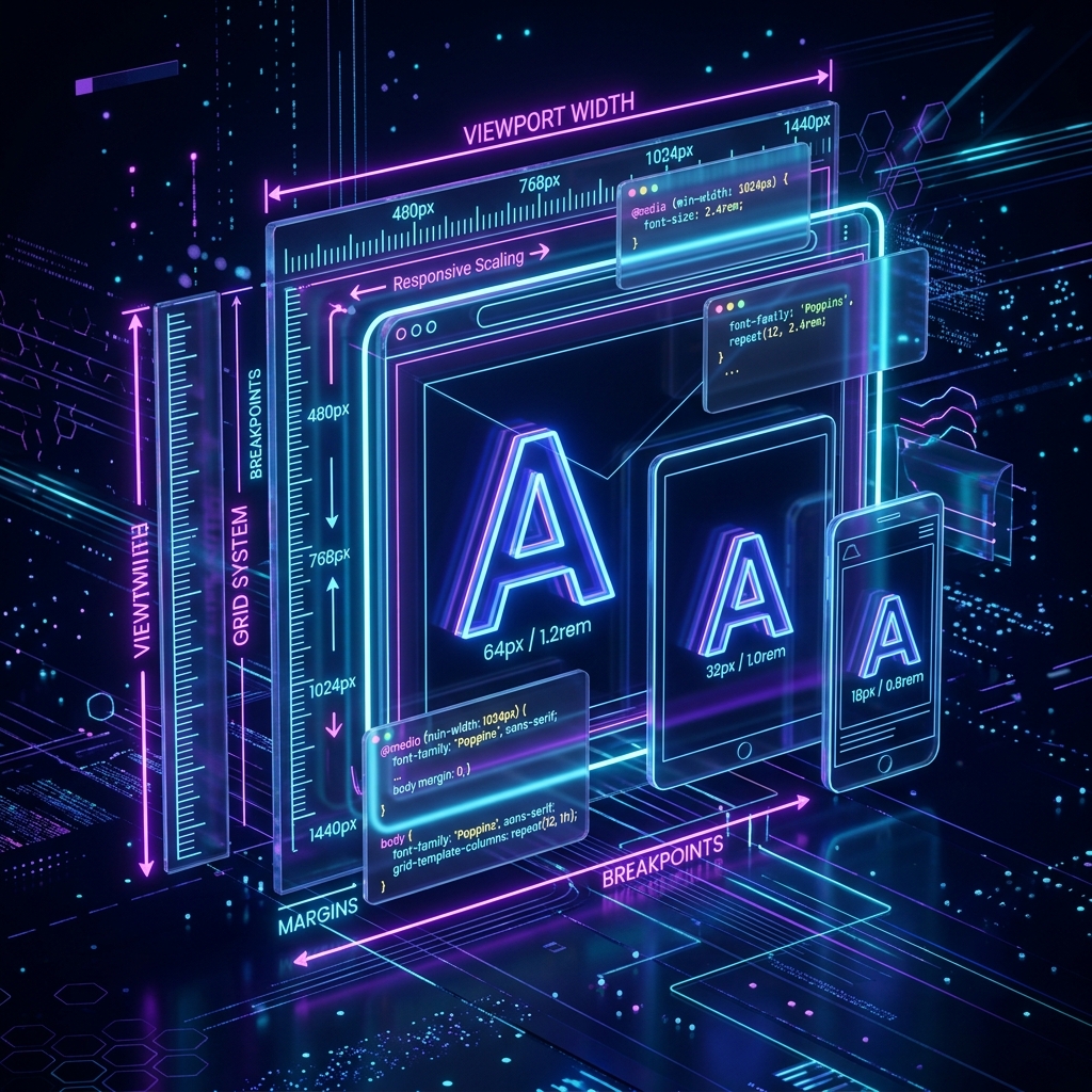 Futuristic 3D visualization of responsive CSS typography scaling